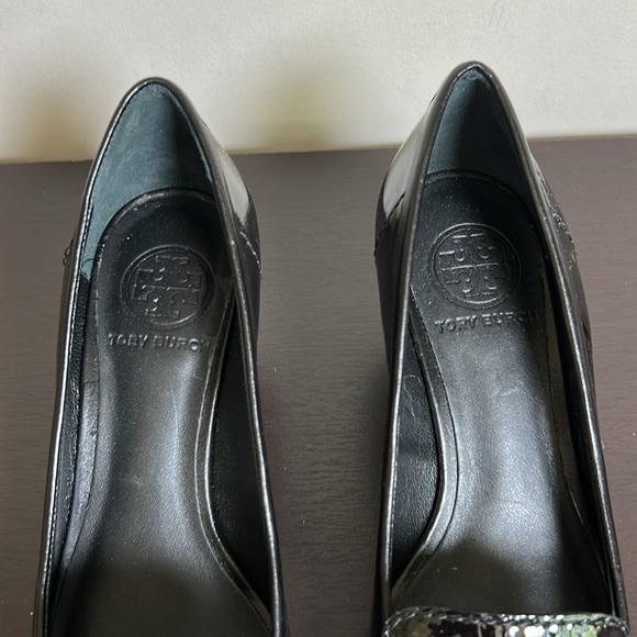 Tory Burch Eliza Pumps Black Kitten Heels Leather Point Toe Career Designer Sz 5 - Picture 4 of 10